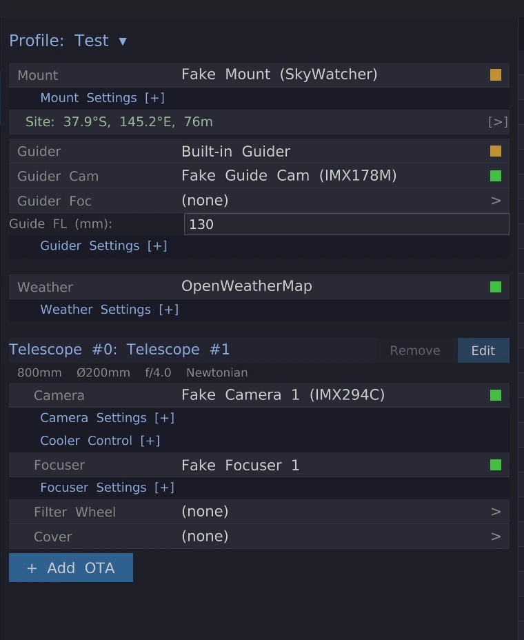 The Equipment tab showing a profile with a mount, guider, guide camera, weather source, and one optical train with its camera and focuser assigned.