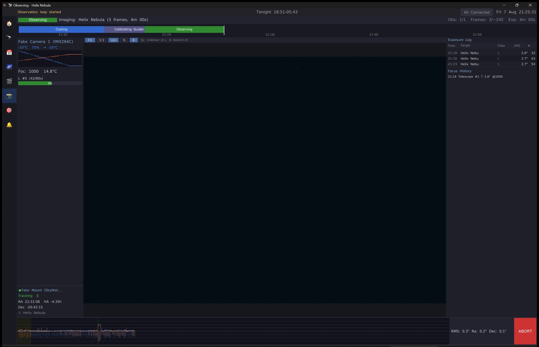 The Live Session tab during an imaging run, showing the current frame, the session phase, and per-frame guiding statistics.