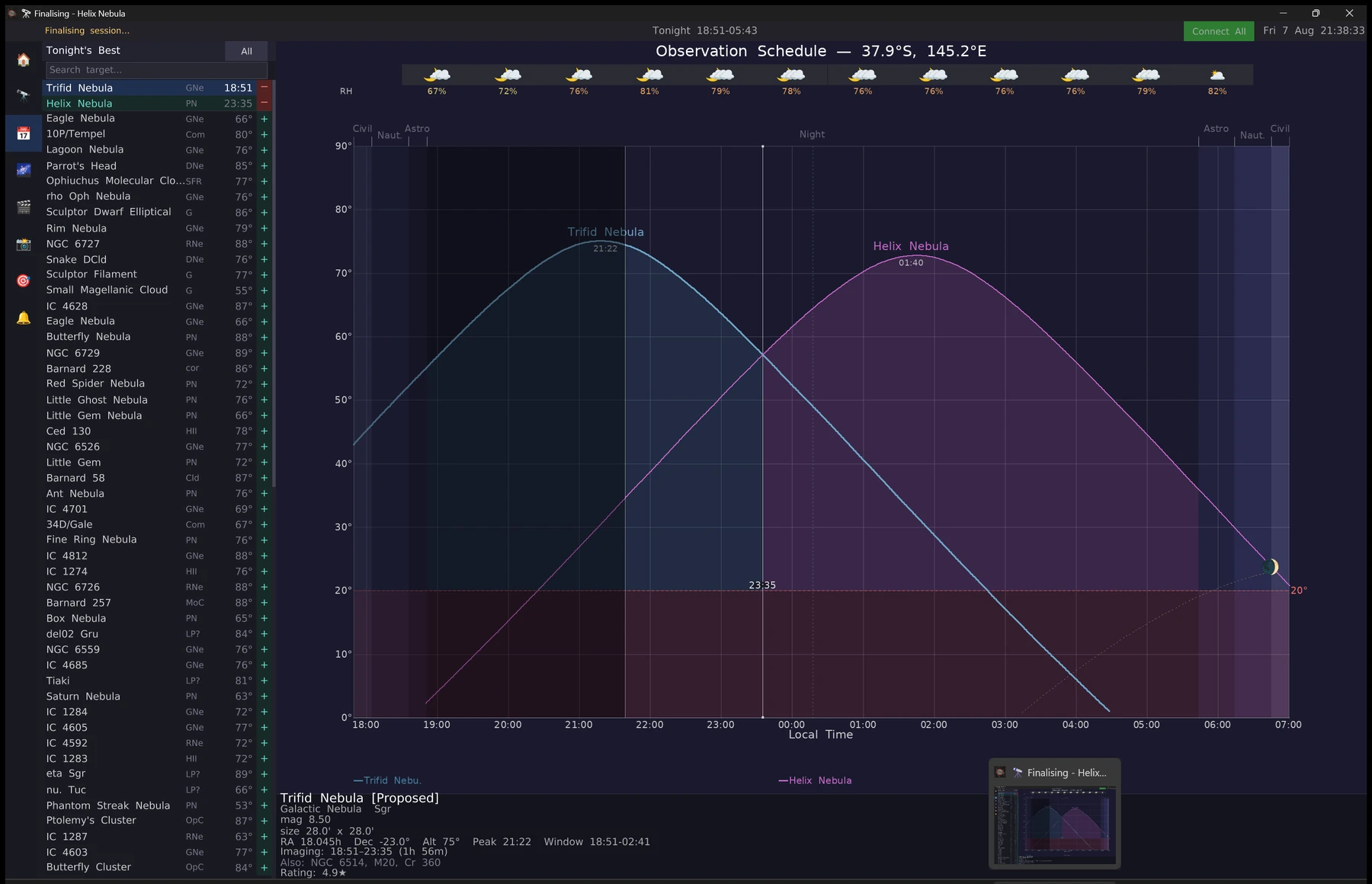 The Planner tab showing tonight's candidate targets, with altitude curves for two pinned objects plotted against the twilight bands and an hourly cloud forecast.