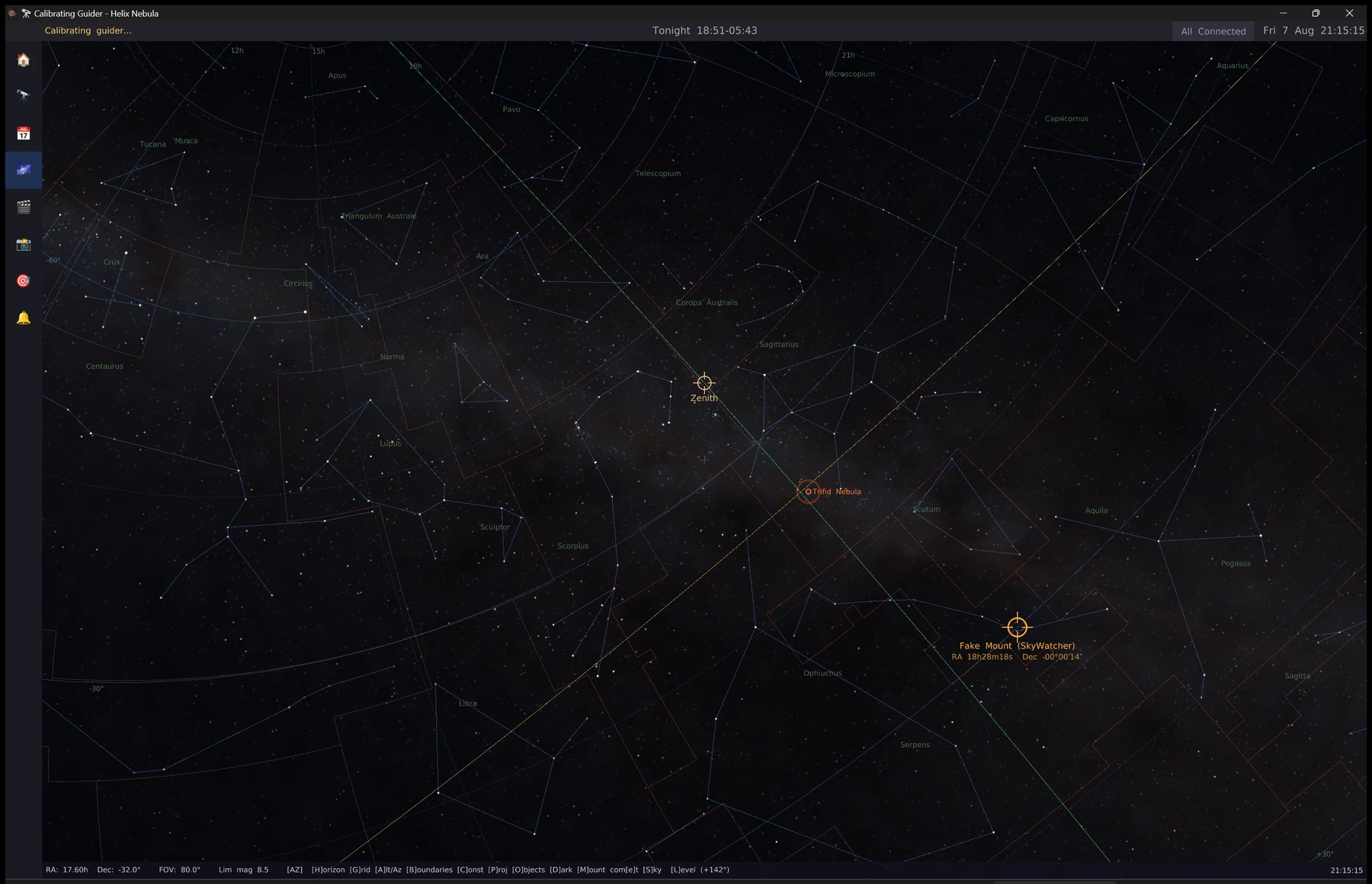 The Sky Map tab showing the Milky Way through Sagittarius and Scorpius with constellation figures, boundaries, the ecliptic, the zenith marker and the mount's own reticle.