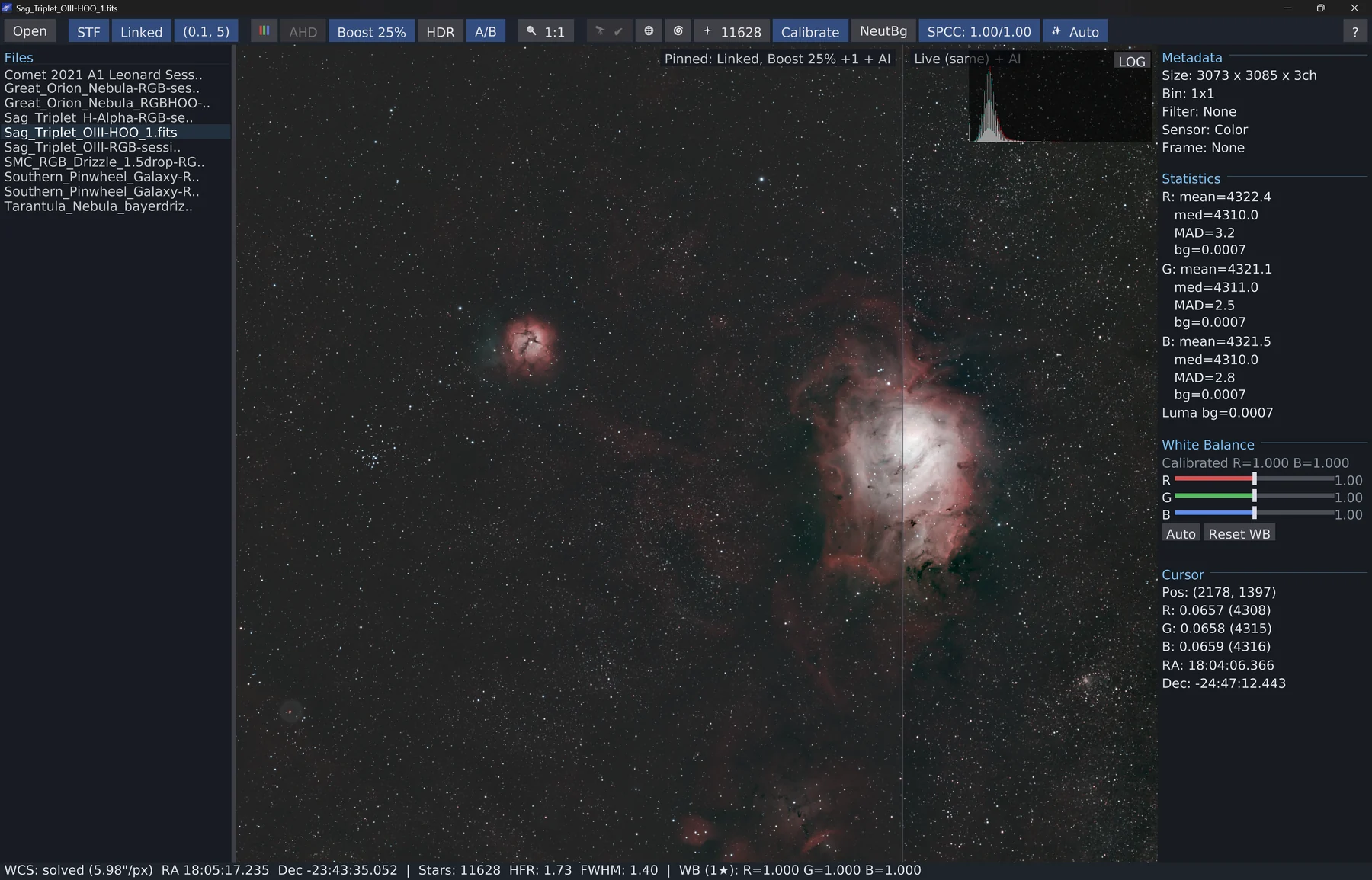 Astro Photo Viewer showing a colour FITS of the Lagoon and Trifid nebulae: the file list at left, an A/B split down the middle between a pinned stretch and the live one, and metadata, per-channel statistics, white-balance sliders and a cursor read-out at right.
