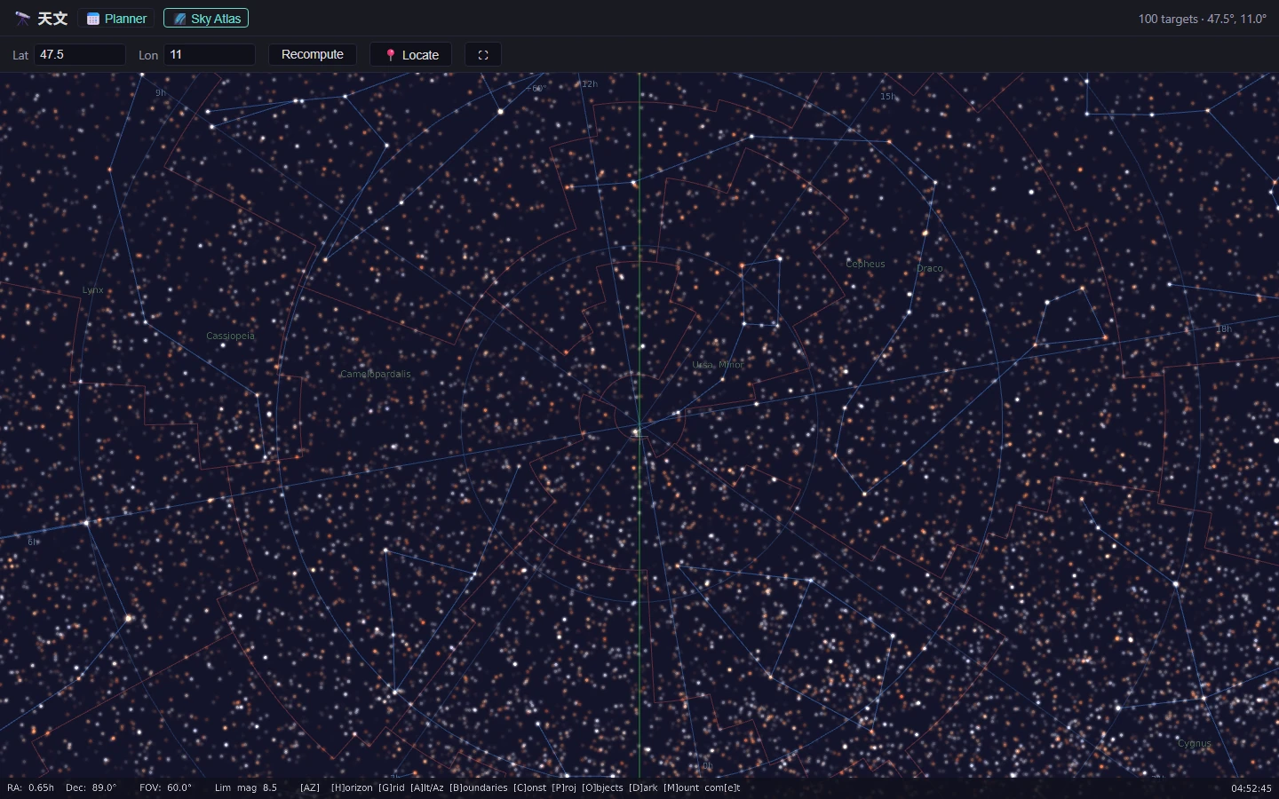 The in-browser sky atlas rendering stars, constellation figures and the horizon through WebGL.